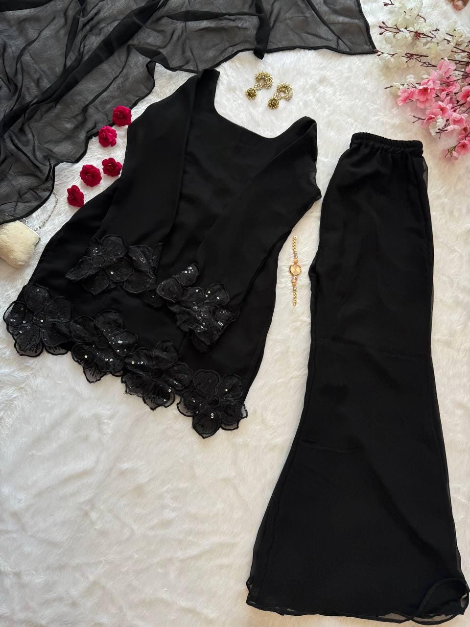 Designer Black Pakistani Palazzo Suit For Ramzan & Eid Outfit | Faux Georgette Ready To Wear Set