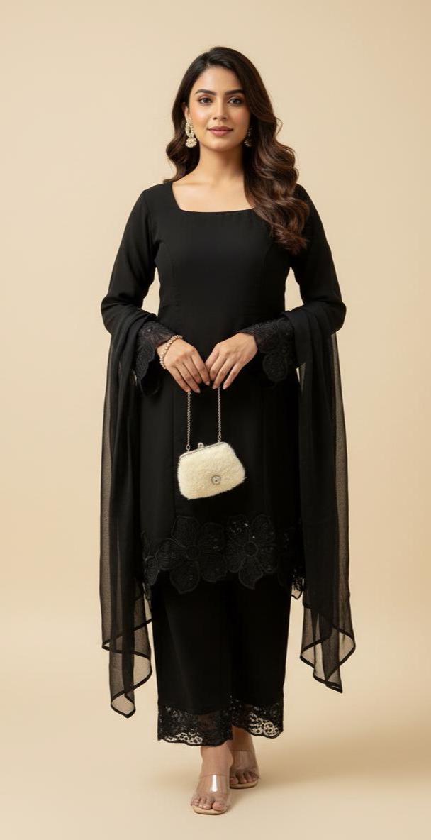 Designer Black Pakistani Palazzo Suit For Ramzan & Eid Outfit | Faux Georgette Ready To Wear Set