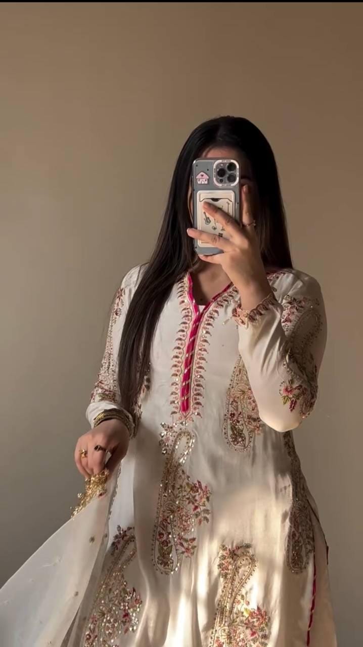 Elegant White kurta & Palazzo Set For Women With Intricate Embroidery - Women's Ethnic Wear