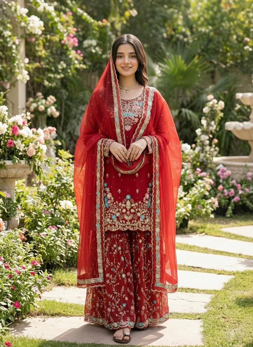 Premium Red Pakistani Wedding Wear & Designer Sharara For Women's - Salwar Kameez Readymade