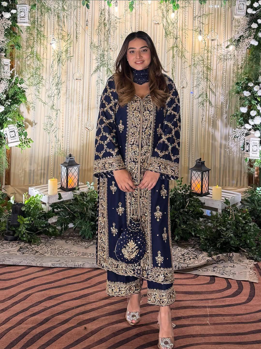 Dark Blue Indian Heavy Georgette With Sequin Embroidery & Matching Dupatta Kurti Palazzo Suit Set