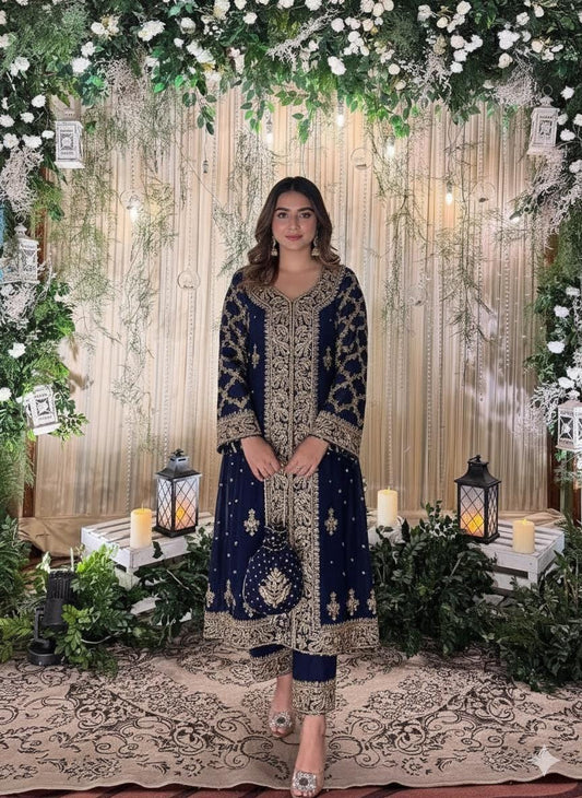 Dark Blue Indian Heavy Georgette With Sequin Embroidery & Matching Dupatta Kurti Palazzo Suit Set