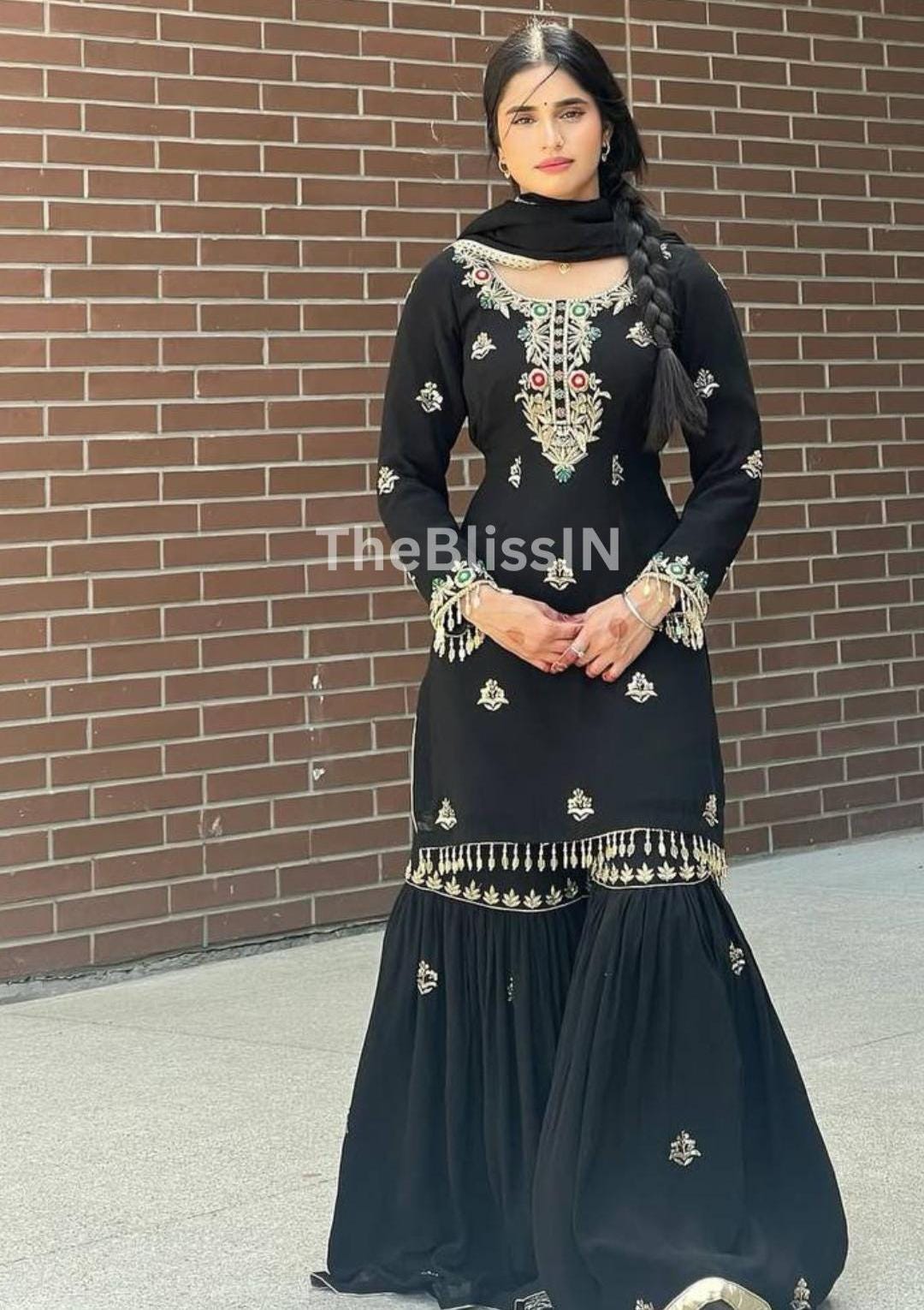 Chinon Silk Black Sharara Suit Set with Sequin Embroidery & Lace Dupatta