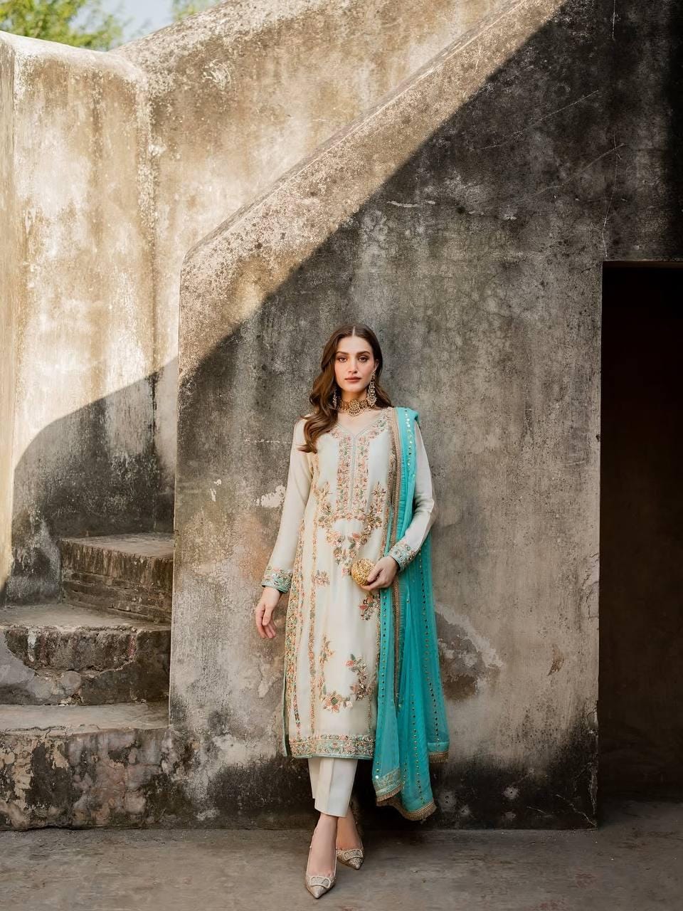 Premium White Silk Gold Embroidery Suit - Pakistani Wedding Dress