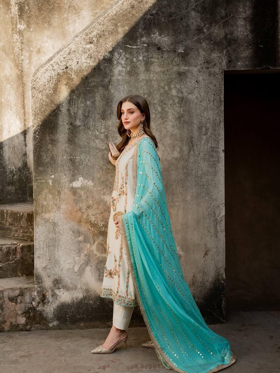 Premium White Silk Gold Embroidery Suit - Pakistani Wedding Dress