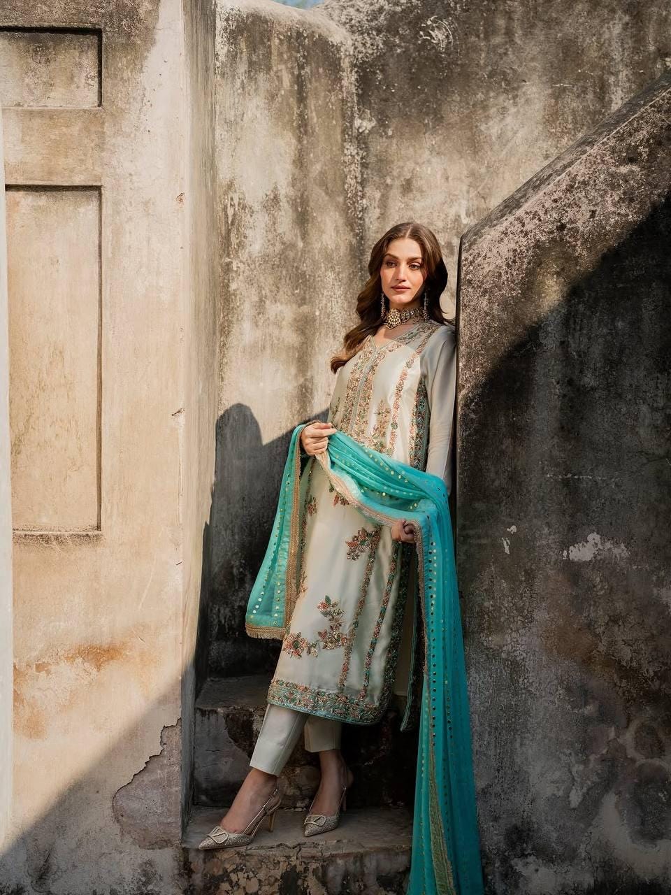 Premium White Silk Gold Embroidery Suit - Pakistani Wedding Dress