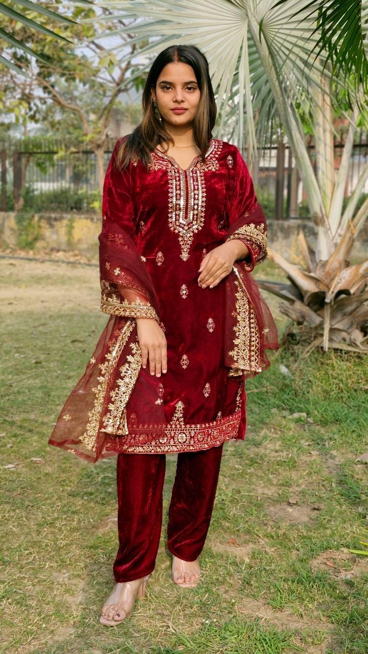 Red Designer Pure Velvet kurti & Pant With Matching Dupatta Co-Ord Set For Women's