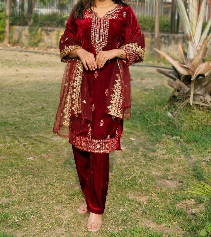 Red Designer Pure Velvet kurti & Pant With Matching Dupatta Co-Ord Set For Women's