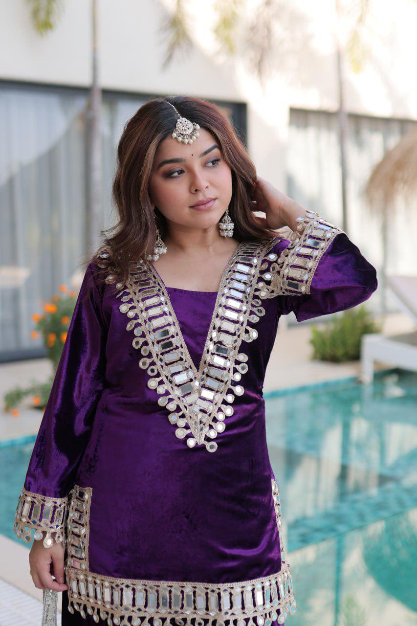 Purple All Velvet Kurti & Palazzo Set | Real Mirror Work | Ready To Wear - Occasional Wear