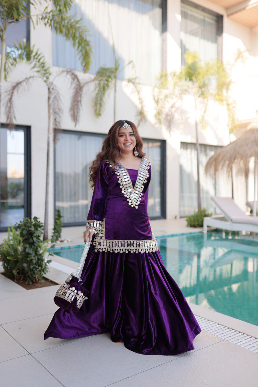 Purple All Velvet Kurti & Palazzo Set | Real Mirror Work | Ready To Wear - Occasional Wear