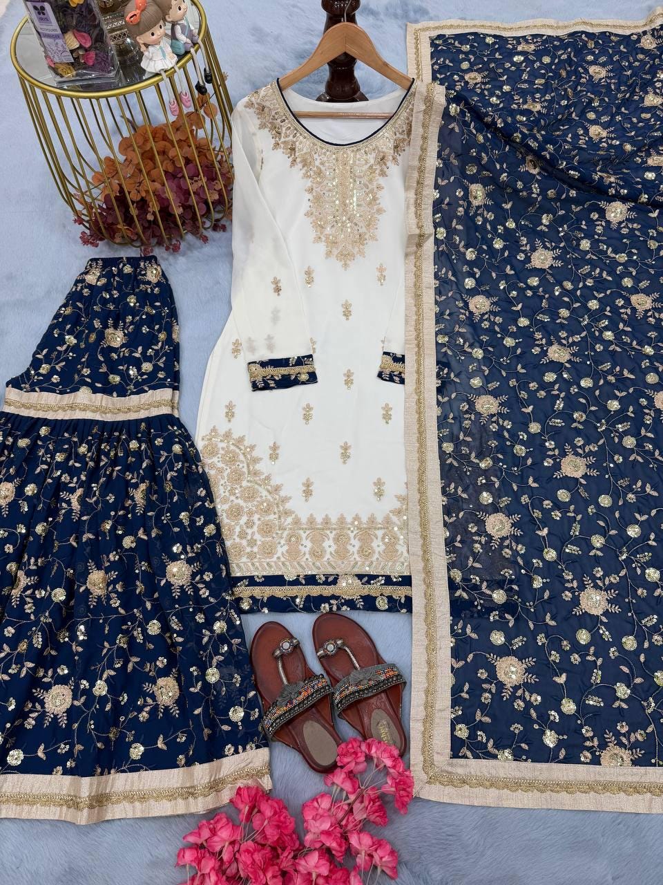 Designer White Kurta Faux Georgette Fabric With Blue Sharara And Matching Dupatta