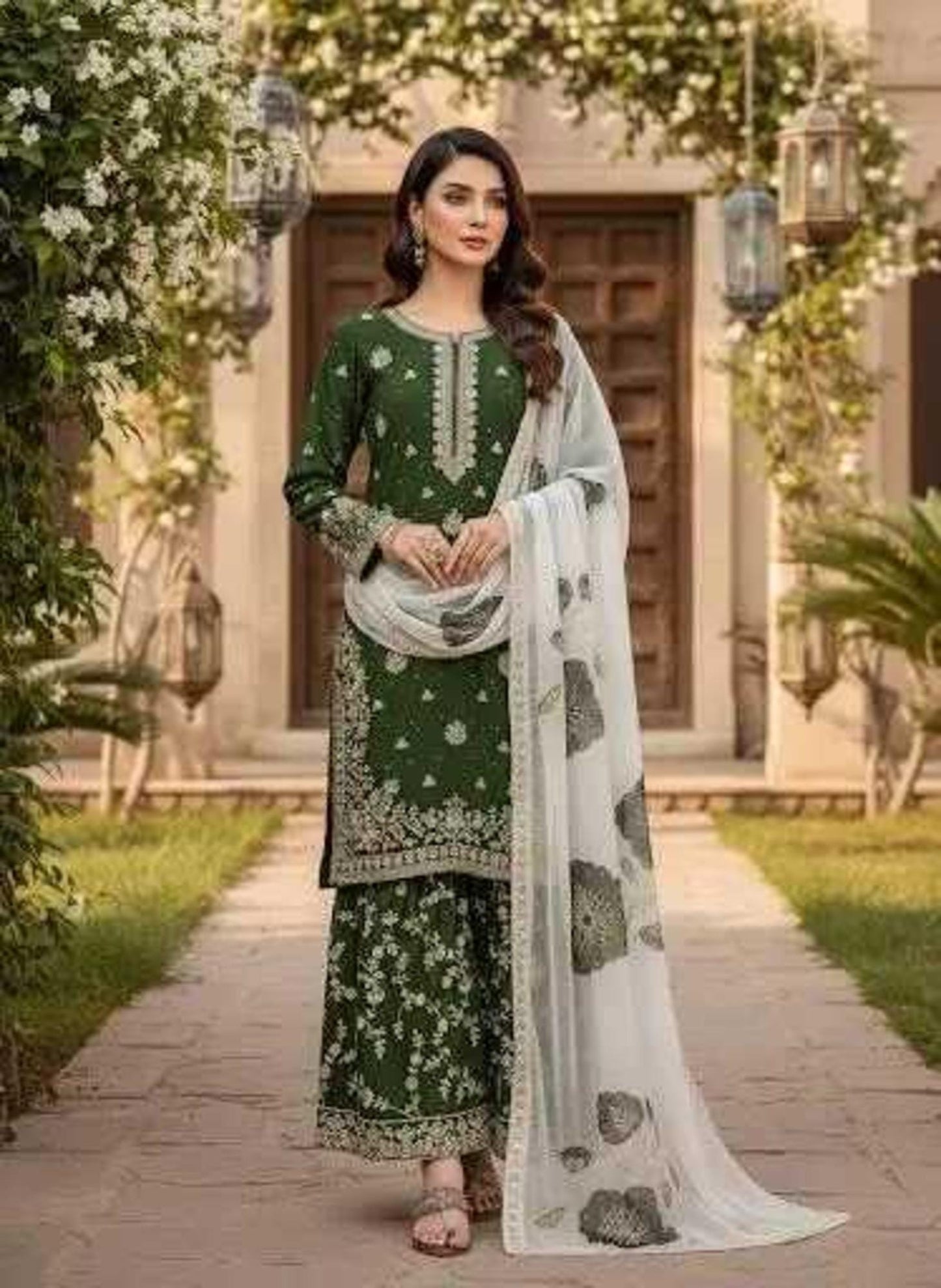 Dark Green Pakistani Kurta Palazzo Suit Set Thread Embroidery - Pakistani Wedding Outfit
