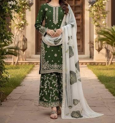 Dark Green Pakistani Kurta Palazzo Suit Set Thread Embroidery - Pakistani Wedding Outfit