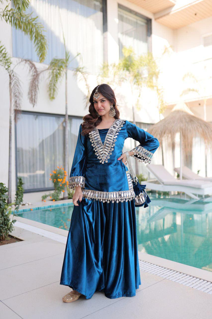 Designer All Blue Pure Ice Velvet Palazzo Pant Suit For Women - Fashion Clothing