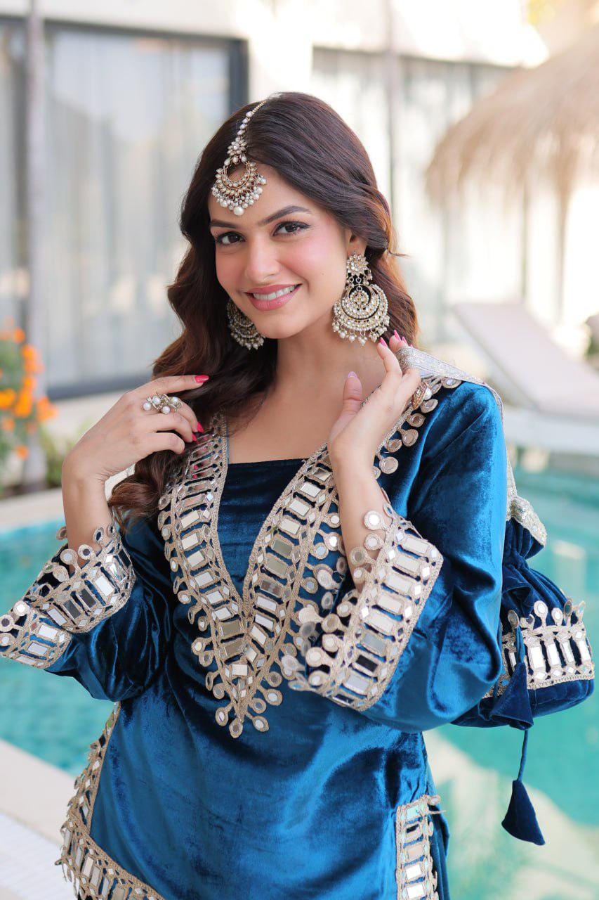 Designer All Blue Pure Ice Velvet Palazzo Pant Suit For Women - Fashion Clothing