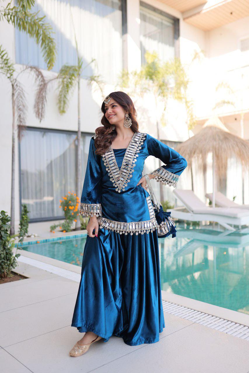 Designer All Blue Pure Ice Velvet Palazzo Pant Suit For Women - Fashion Clothing