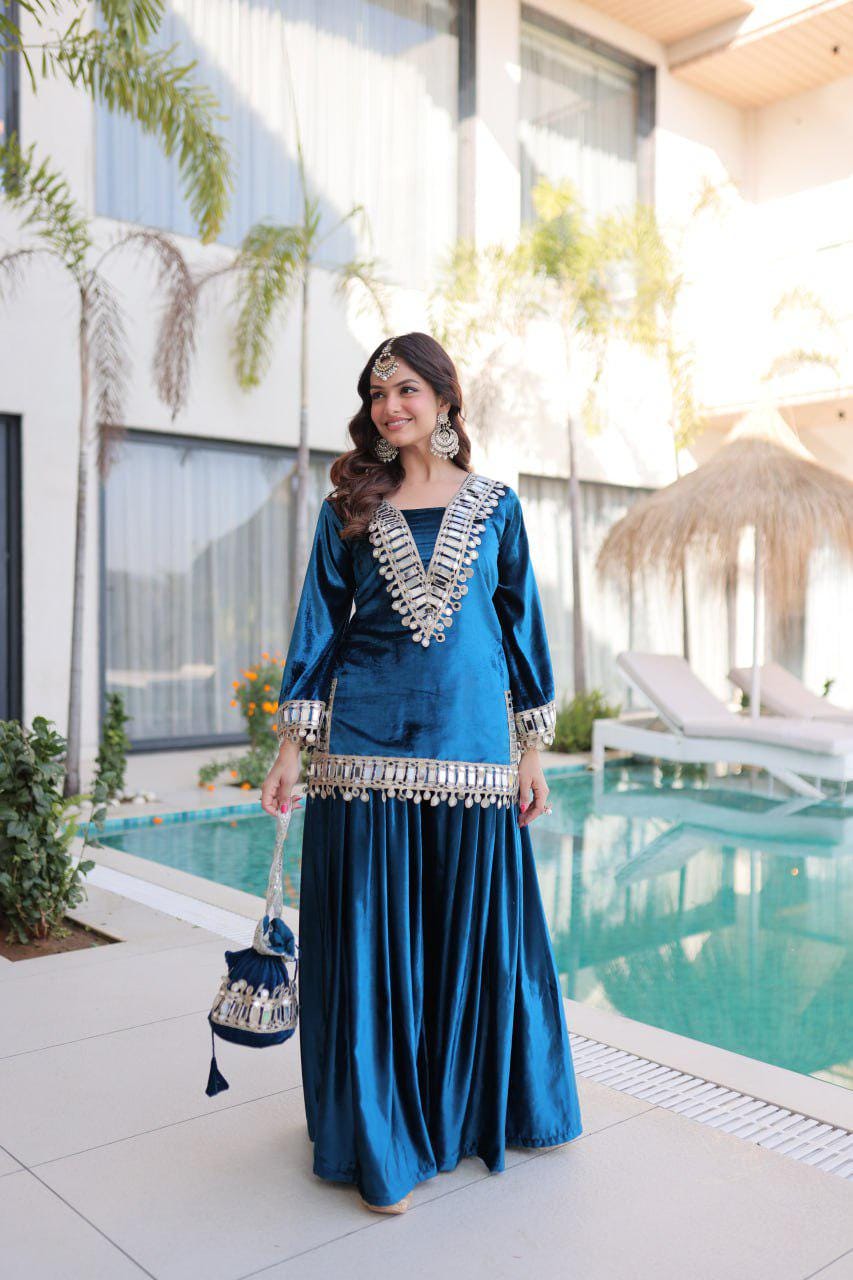 Designer All Blue Pure Ice Velvet Palazzo Pant Suit For Women - Fashion Clothing