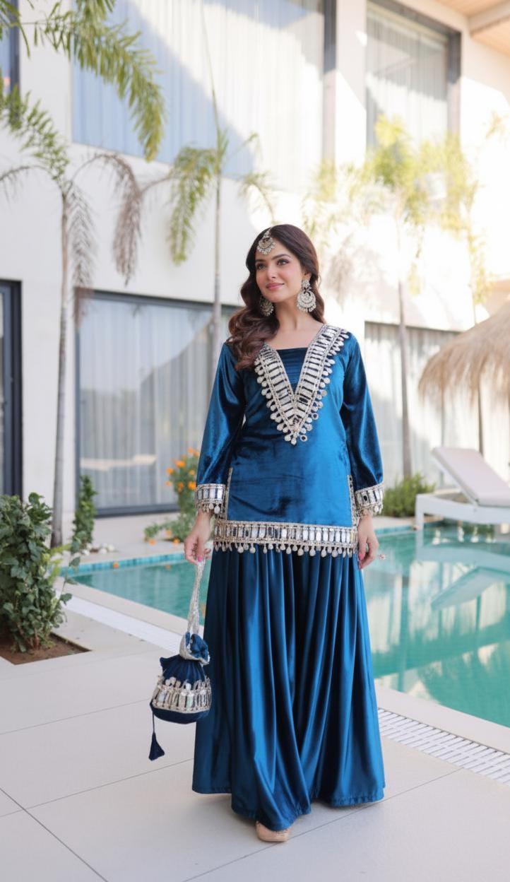 Designer All Blue Pure Ice Velvet Palazzo Pant Suit For Women - Fashion Clothing