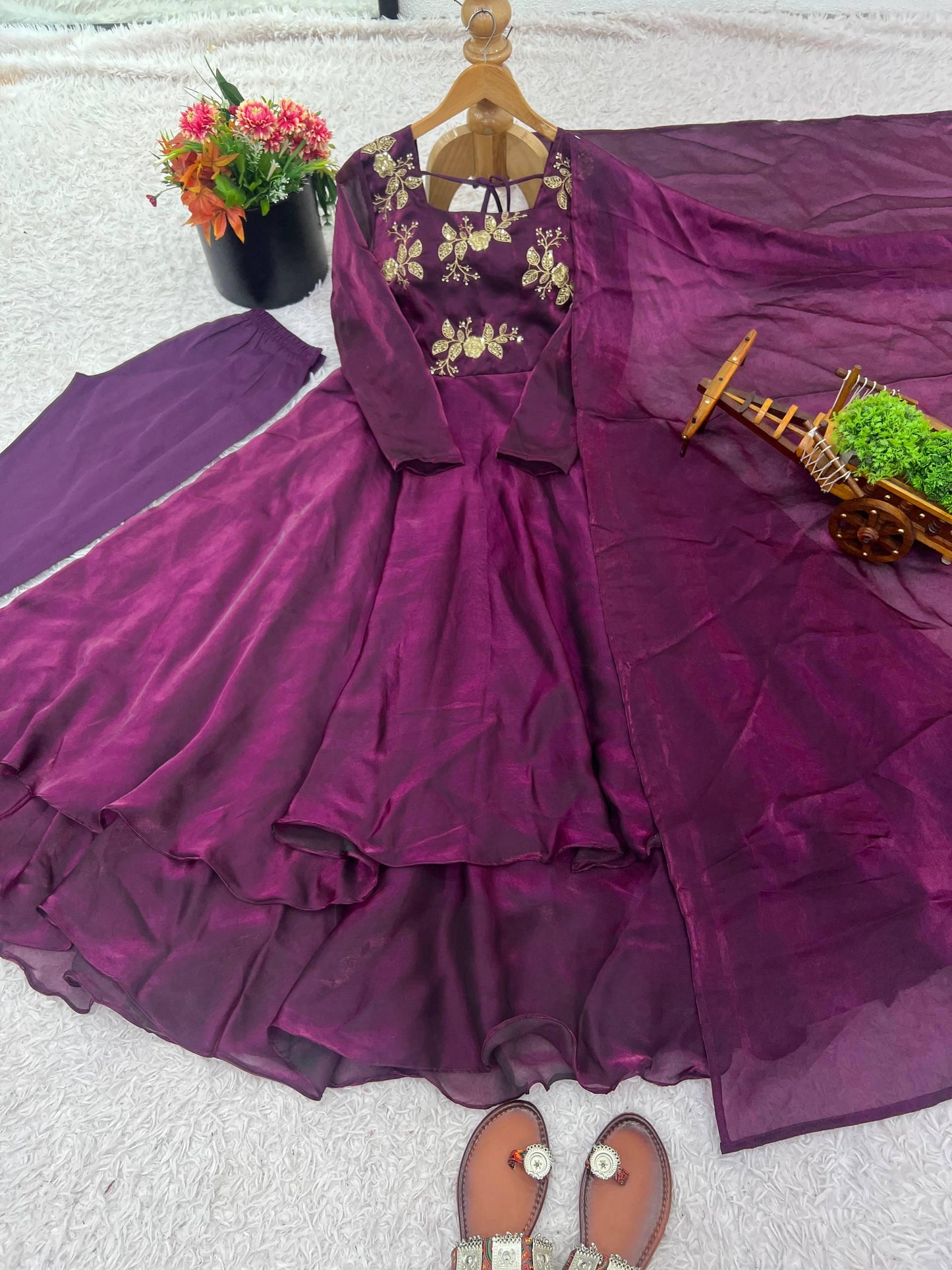 Women’s Wine Color Embroidered Anarkali Kurti Palazzo Set - Indian Wedding Gown