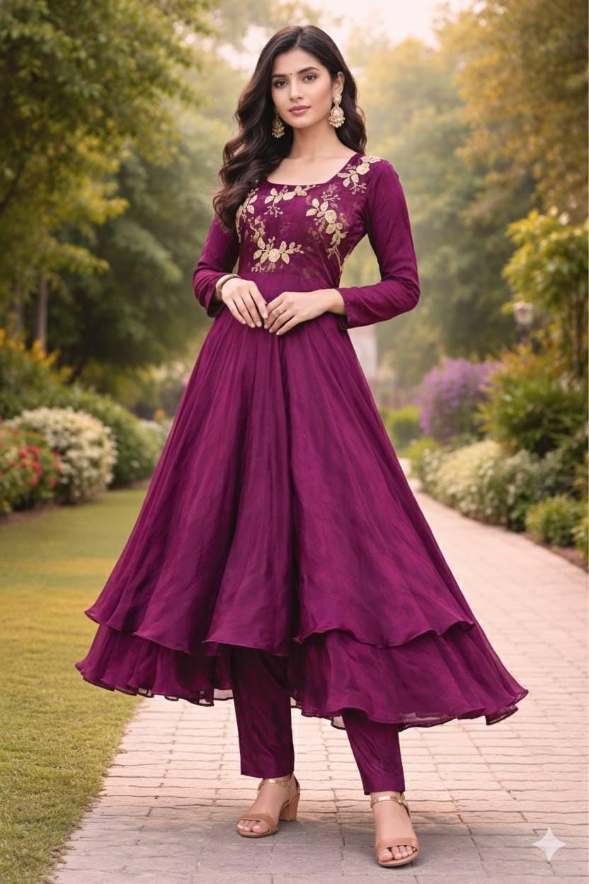 Women’s Wine Color Embroidered Anarkali Kurti Palazzo Set - Indian Wedding Gown