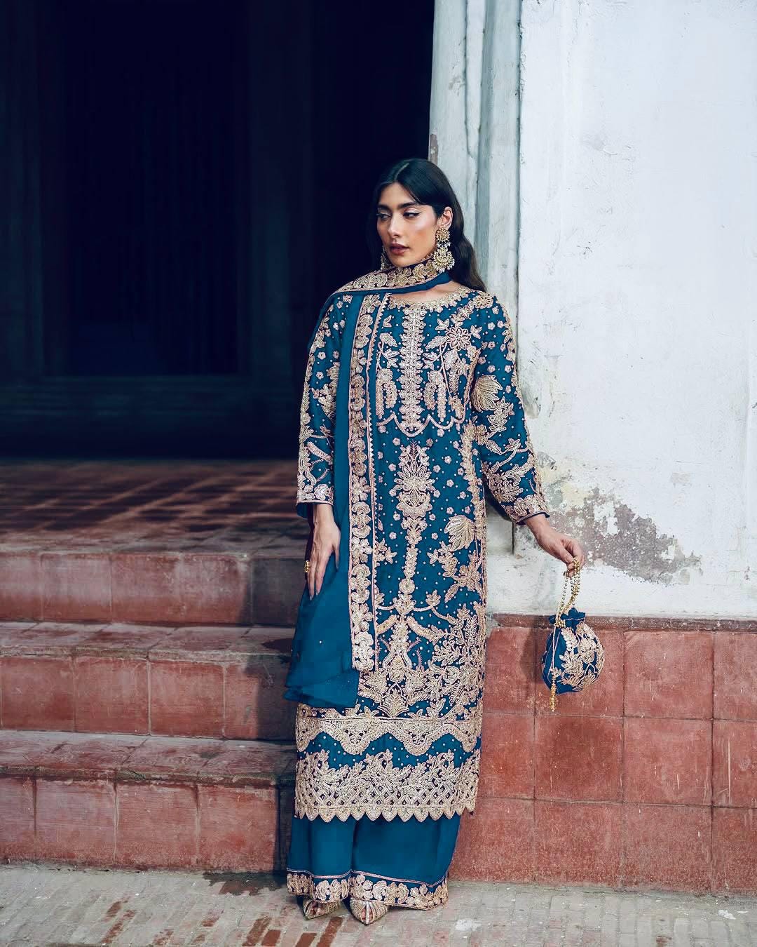 Elegant Blue Faux Georgette Embroidered Sequence Work Suit Set with Dupatta – Fully Stitched