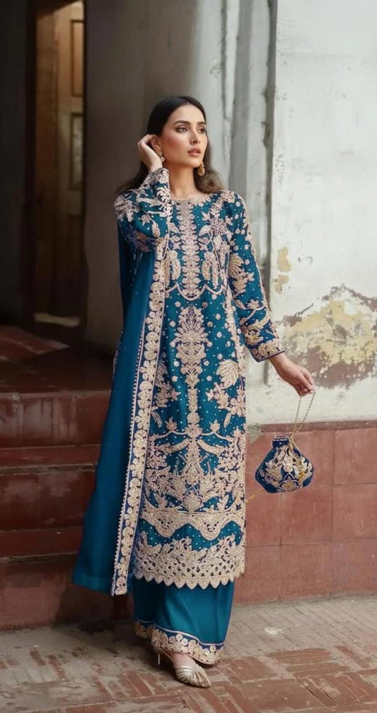 Elegant Blue Faux Georgette Embroidered Sequence Work Suit Set with Dupatta – Fully Stitched
