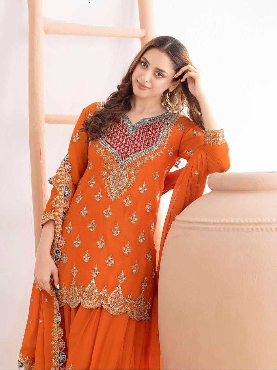 Fanta Orange Kameez & Palazzo Suit Three Piece Set