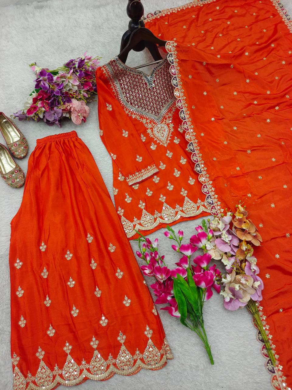Fanta Orange Kameez & Palazzo Suit Three Piece Set