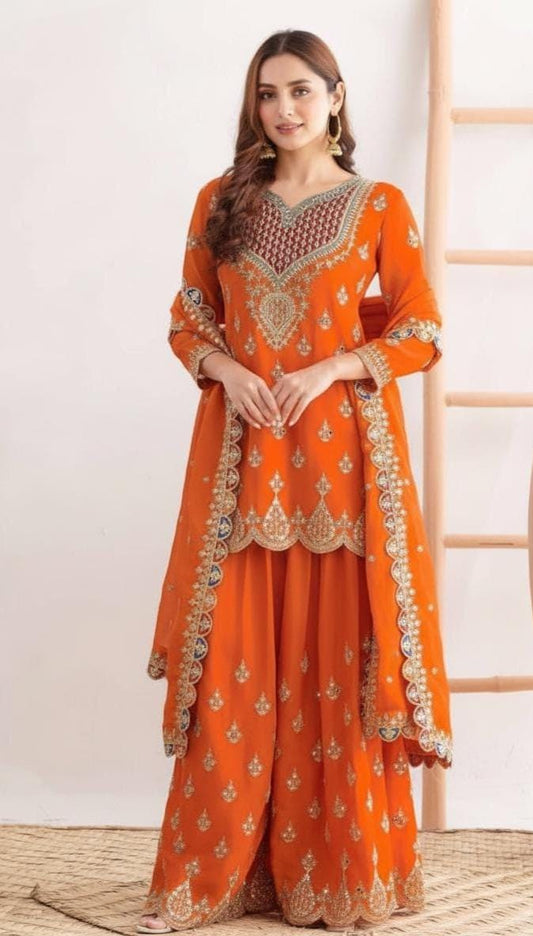 Fanta Orange Kameez & Palazzo Suit Three Piece Set