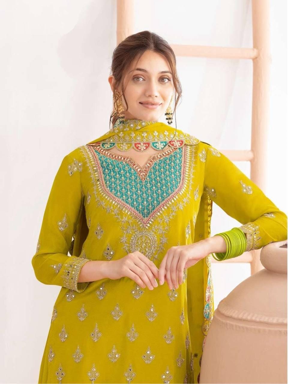 Green Lemonade Kameez & Palazzo With Matching Dupatta - Three Piece Set