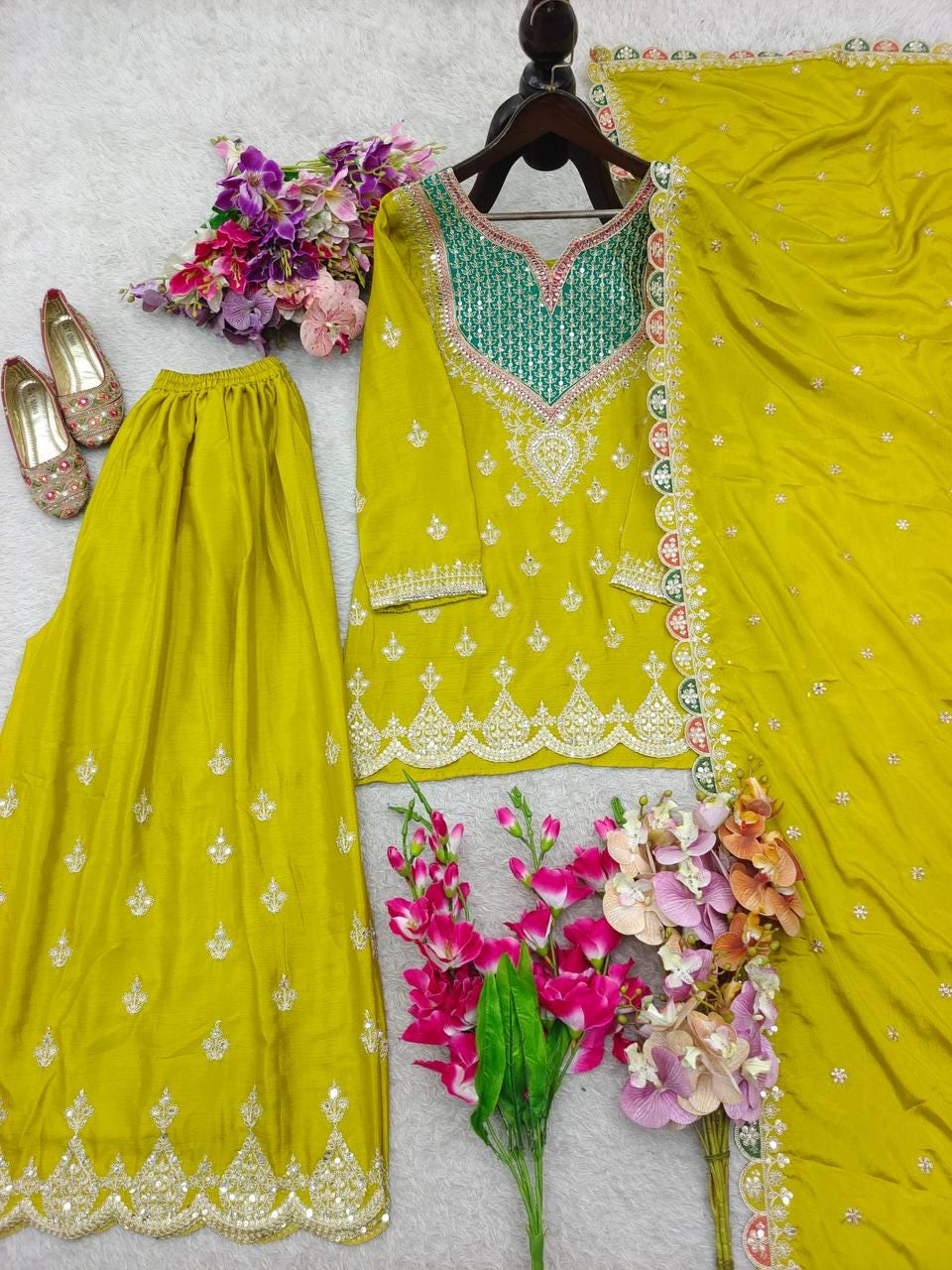 Green Lemonade Kameez & Palazzo With Matching Dupatta - Three Piece Set