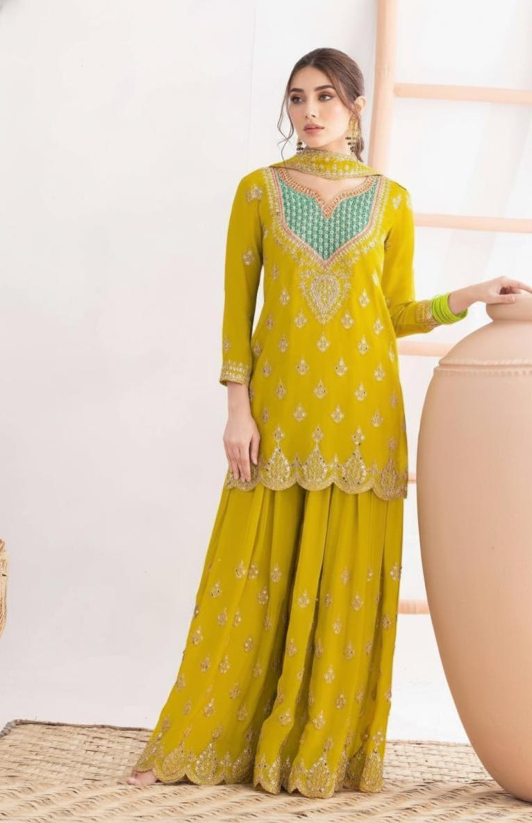 Green Lemonade Kameez & Palazzo With Matching Dupatta - Three Piece Set