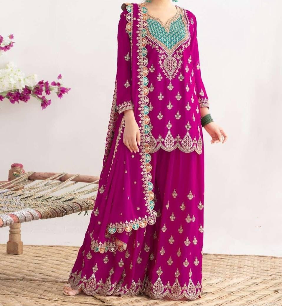 Designer Magenta Kurti & Palazzo With Matching Dupatta - Pakistani Suit For Women's