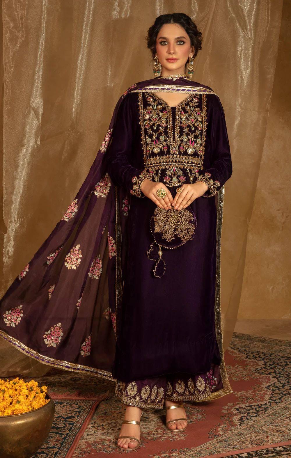 Velvet Kurta Palazzo Suit Set Heavy Sequin Embroidery Pakistani Wedding Outfit