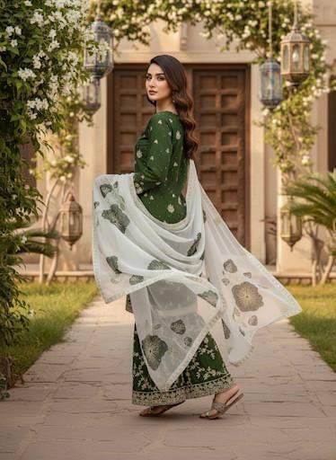 Dark Green Pakistani Kurta Palazzo Suit Set Thread Embroidery - Pakistani Wedding Outfit
