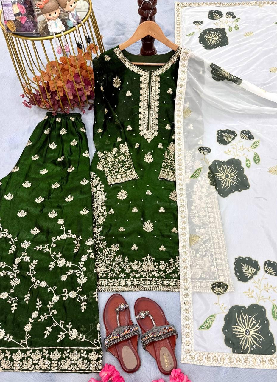 Dark Green Pakistani Kurta Palazzo Suit Set Thread Embroidery - Pakistani Wedding Outfit