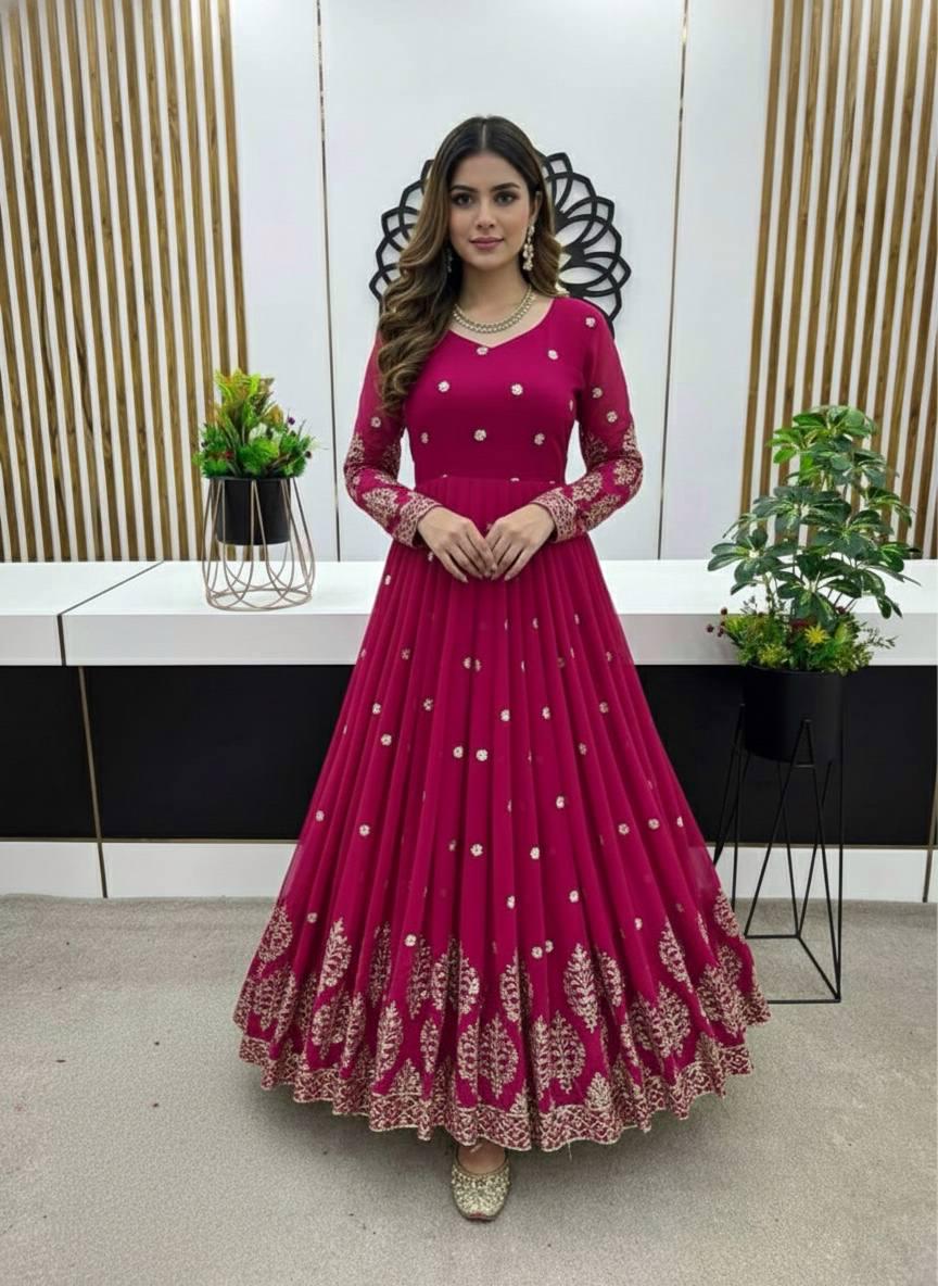 Anarkali Pink Silk Gown For Women's Heavy Faux Georgette Dress