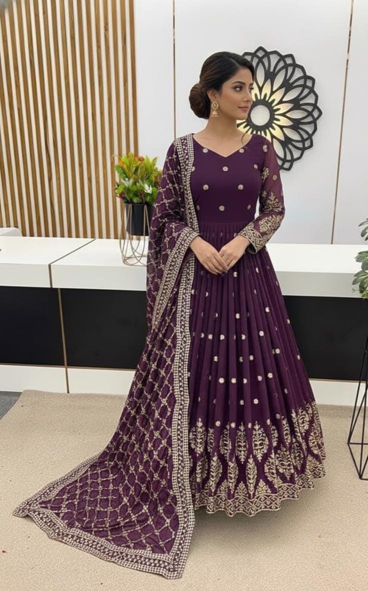 Purple Anarkali Silk Gown | Salwar kameez For Women's - Readymade Dress