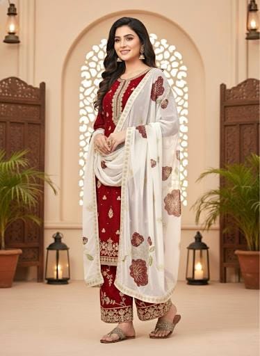 Red wedding Outfit For Women's Embroidered Top Palazzo Set