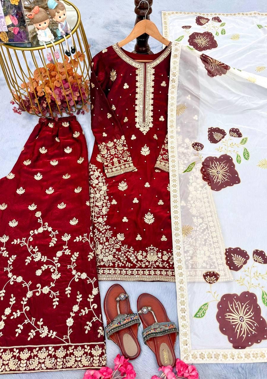 Red wedding Outfit For Women's Embroidered Top Palazzo Set