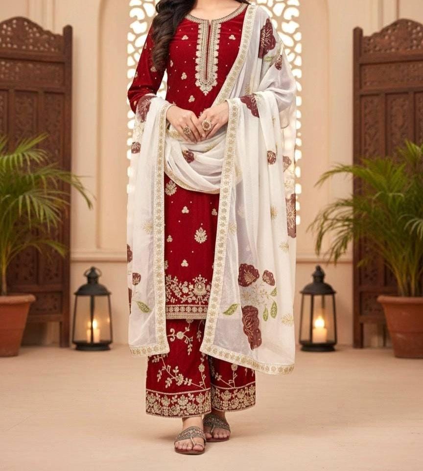 Red wedding Outfit For Women's Embroidered Top Palazzo Set