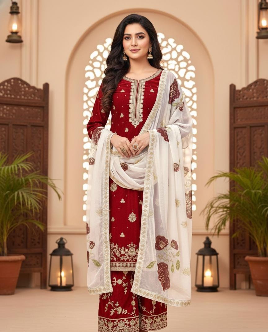Red wedding Outfit For Women's Embroidered Top Palazzo Set