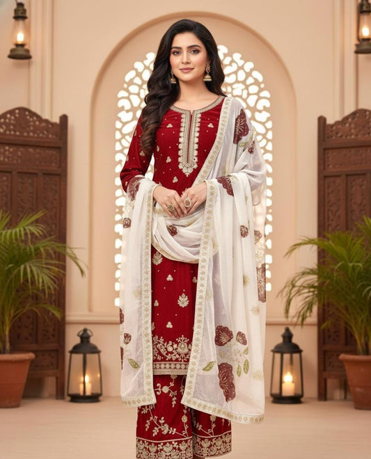 Red wedding Outfit For Women's Embroidered Top Palazzo Set