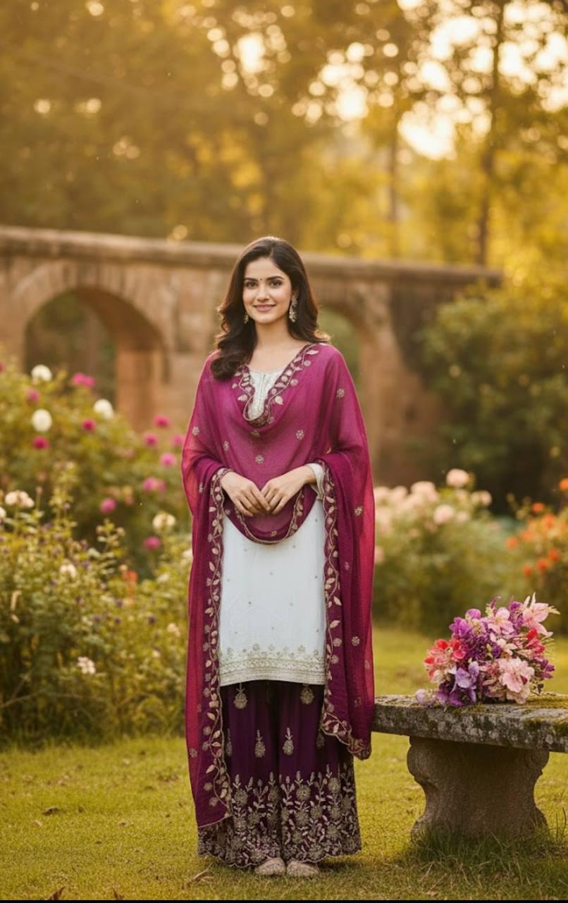 Designer White Indian Long Kurta & Purple Palazzo Set With Dupatta Silk Suit For Women's