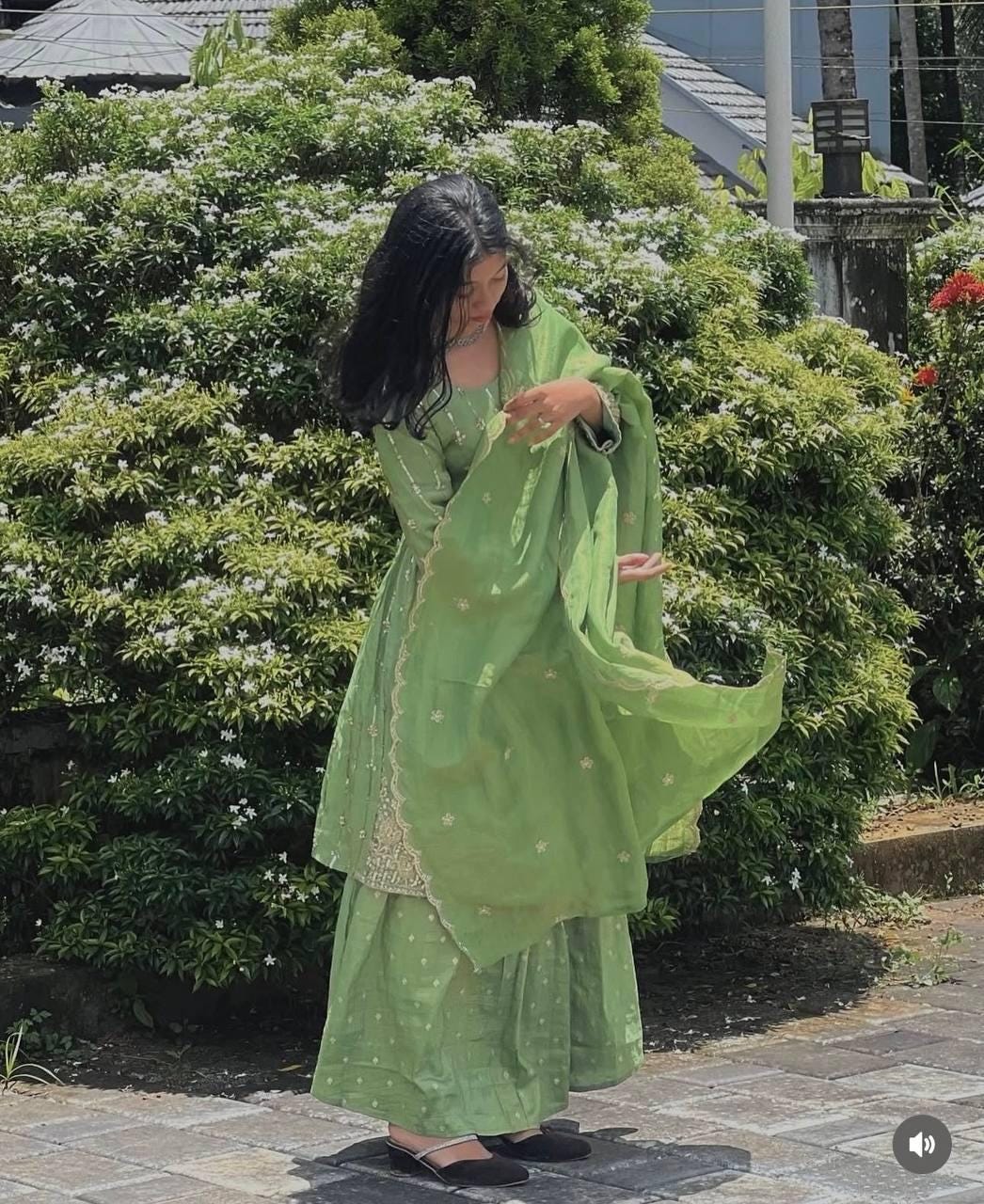 Melon Green Chinon Silk Kediya Sharara With Dupatta Ready To Wear