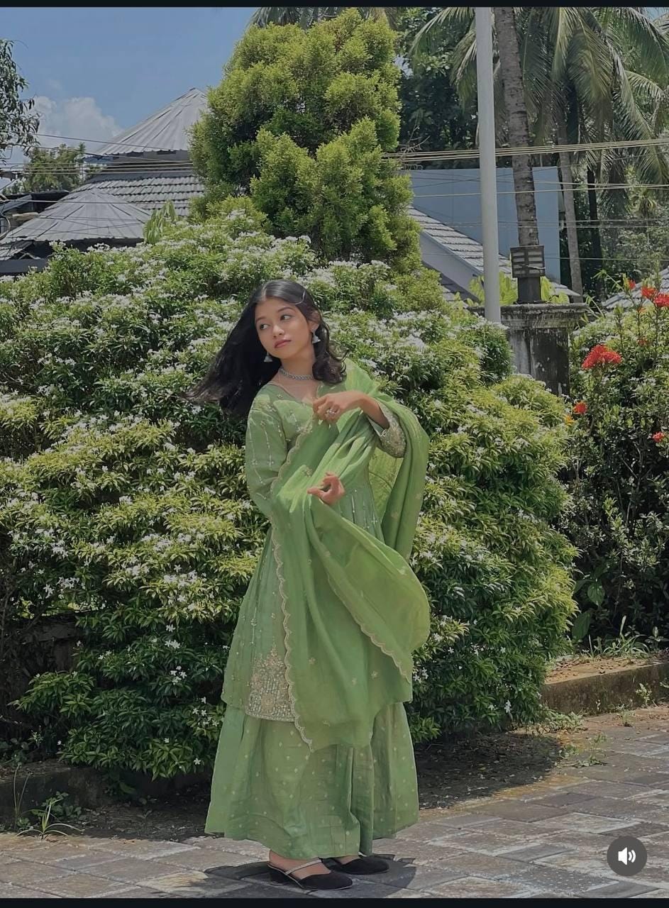 Melon Green Chinon Silk Kediya Sharara With Dupatta Ready To Wear