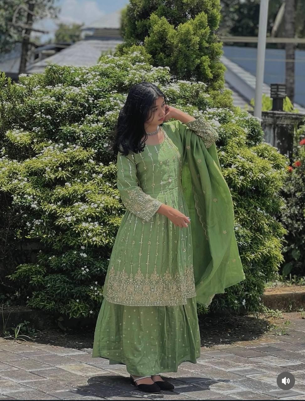 Melon Green Chinon Silk Kediya Sharara With Dupatta Ready To Wear