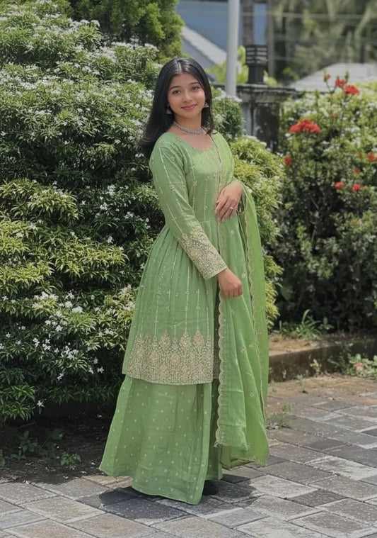 Melon Green Chinon Silk Kediya Sharara With Dupatta Ready To Wear