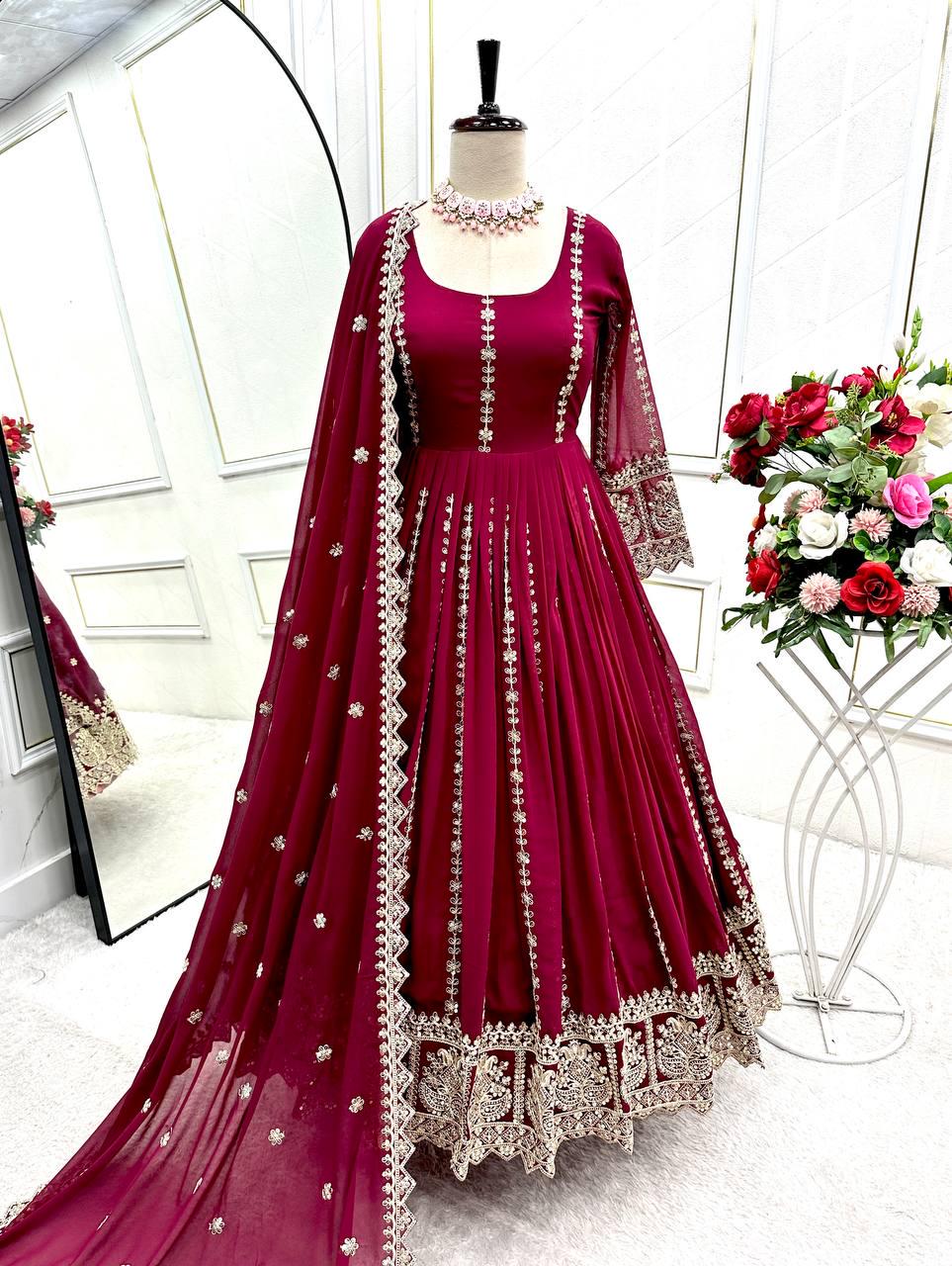Pink Blooming Georgette Gown–Pant–Dupatta Set Anarkali Dress Women In USA