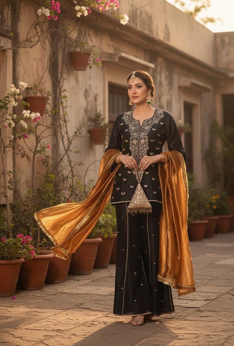 Designer Top Palazzo Set with Silk Dupatta Readymade Suit for Women